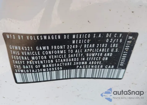 2015 Volkswagen Jetta Sedan 1.8T Sel из США, поврежденный, VIN 3VWL07AJ3FM309509